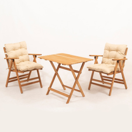 Salon de jardin Ensemble table et 2 chaises en bois de hêtre naturel et crème 3 pièces table 60 x 80 cm