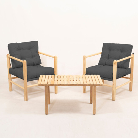 Salon de jardin Ensemble table basse et 2 fauteuils en bois de châtaignier anthracite 3 pièces