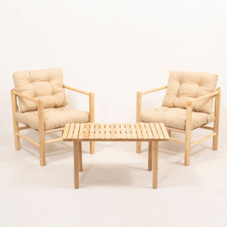 Salon de jardin Ensemble table basse et 2 fauteuils en bois de châtaignier crème 3 pièces