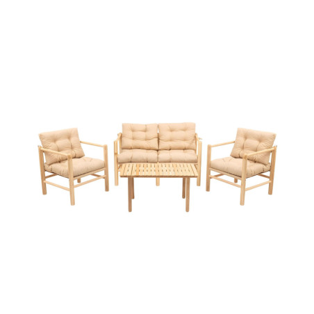 Salon de jardin Ensemble table, 2 fauteuils et canapé en bois de châtaignier naturel et crème 4 pièces