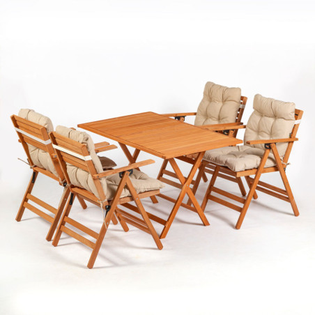 Salon de jardin Ensemble table et 4 chaises en bois de hêtre naturel et crème 5 pièces