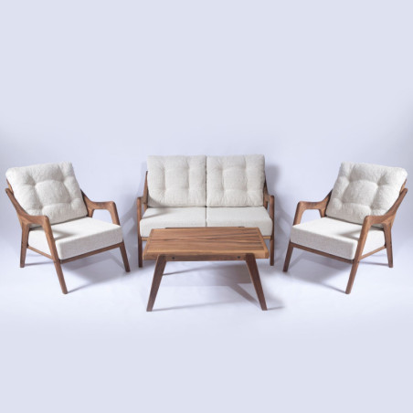 Salon de jardin Ensemble canapé, 2 fauteuils et table basse en bois de noyer crème 4 pièces