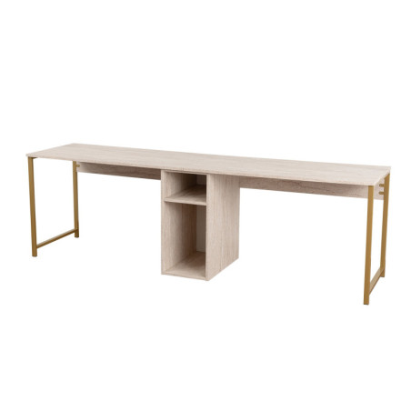 Bureau double Table de travail en bois MDF mélaminé et métal travertin et doré 240 x 60 x 74 cm Moderne