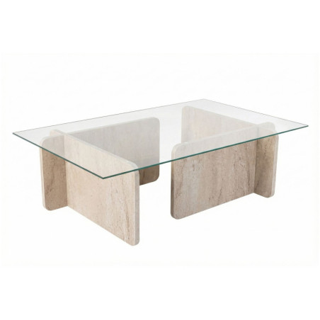 Table basse de salon en verre trempé et bois MDF mélaminé travertin 105 x 65 x 30 cm