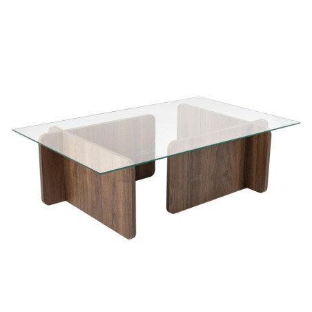 Table basse de salon en verre trempé et bois MDF mélaminé noyer 105 x 65 x 30 cm