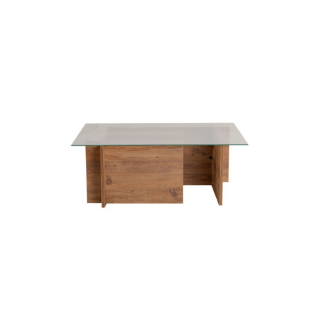 Table basse de salon en verre trempé et bois MDF mélaminé pin atlantique 105 x 65 x 40 cm