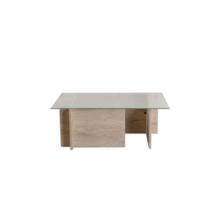 Table basse de salon en verre trempé et bois MDF mélaminé travertin 105 x 65 x 40 cm