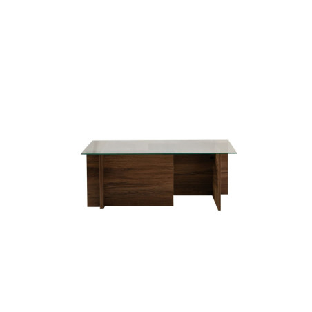 Table basse de salon en verre trempé et bois MDF mélaminé noyer 105 x 65 x 40 cm