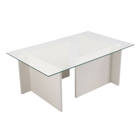 Table basse de salon en verre trempé et bois MDF mélaminé bois blanc 105 x 65 x 40 cm