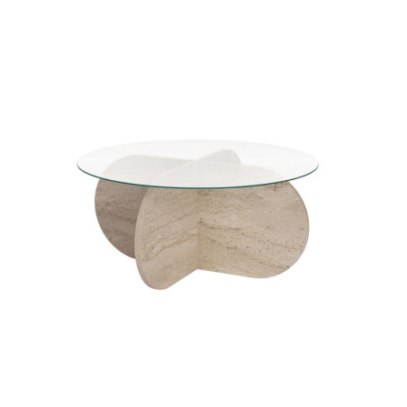 Table basse de salon en verre trempé et bois MDF mélaminé travertin et transparent 75 x 75 x 35 cm