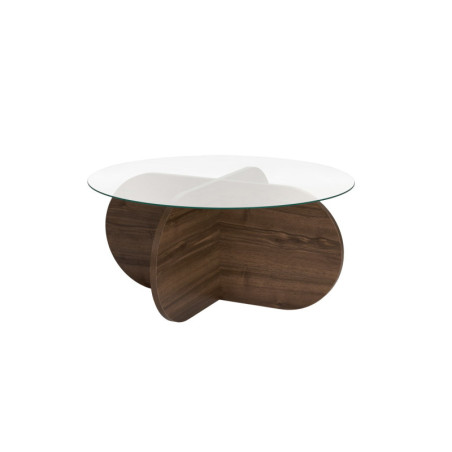 Table basse de salon en verre trempé et bois MDF mélaminé noyer et transparent 75 x 75 x 35 cm