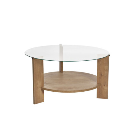 Table basse de salon en verre trempé et bois MDF mélaminé chêne saphir et transparent 75 x 75 x 40 cm