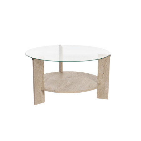 Table basse de salon en verre trempé et bois MDF mélaminé travertin et transparent 75 x 75 x 40 cm
