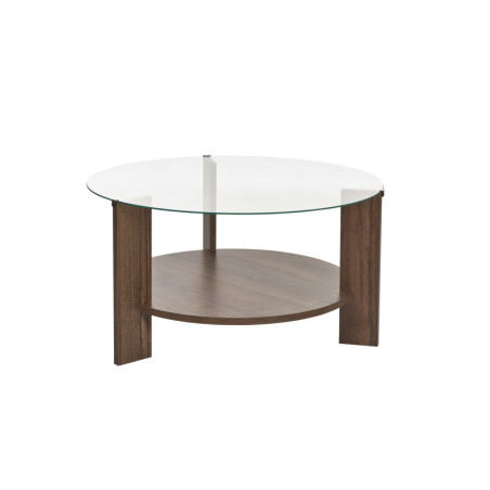 Table basse de salon en verre trempé et bois MDF mélaminé noyer et transparent 75 x 75 x 40 cm