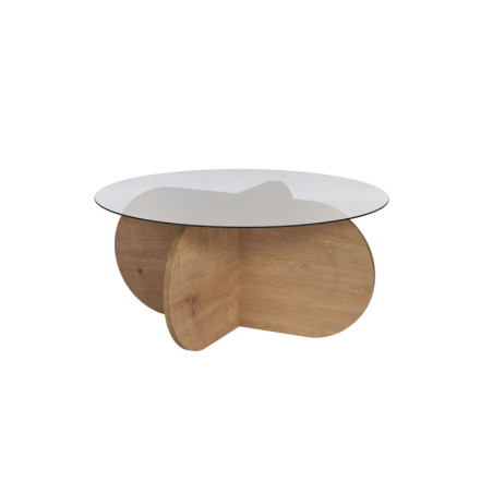 Table basse de salon en verre trempé et bois MDF mélaminé chêne saphir et fumé 75 x 75 x 35 cm