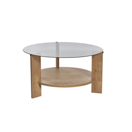 Table basse de salon en verre trempé et bois MDF mélaminé chêne saphir et fumé 75 x 75 x 40 cm