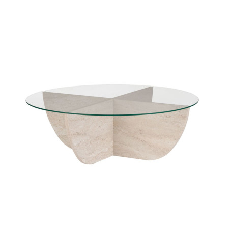 Table basse de salon en verre trempé et bois MDF mélaminé travertin 90 x 90 x 30 cm