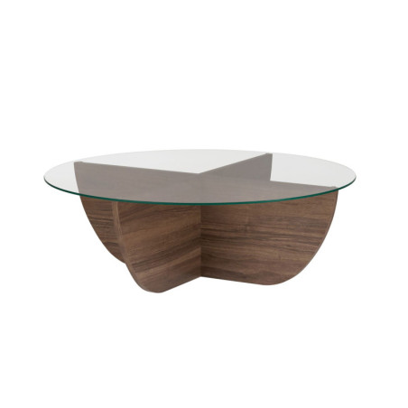 Table basse de salon en verre trempé et bois MDF mélaminé noyer 90 x 90 x 30 cm