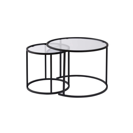 Tables basses gigognes en verre trempé et métal noir et transparent Ø60 et Ø42 cm lot de 2