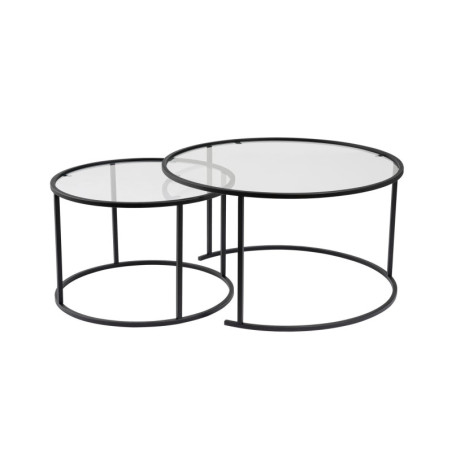 Tables basses gigognes en verre trempé et métal noir et transparent Ø80 et Ø60 cm lot de 2
