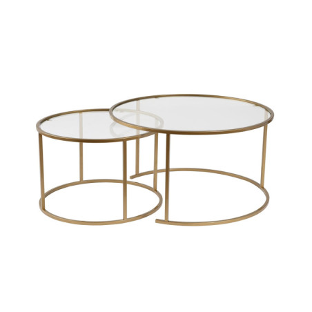 Tables basses gigognes en verre trempé et métal doré et transparent Ø80 et Ø60 cm lot de 2