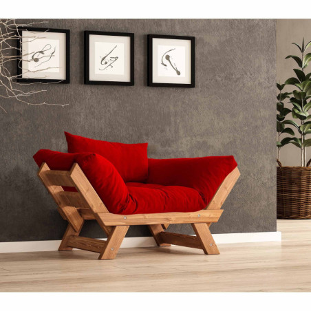 Fauteuil de jardin en bois de pin et lin teck et rouge - L 108 à 140 × P 75 cm - Imperméable