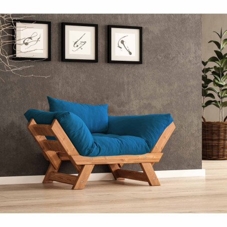 Fauteuil de jardin en bois de pin et lin teck et bleu - L 108 à 140 × P 75 cm - Imperméable