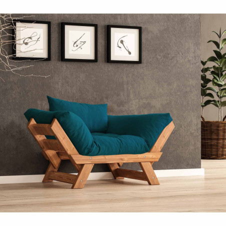 Fauteuil de jardin en bois de pin et lin teck et vert pétrole - L 108 à 140 × P 75 cm - Imperméable