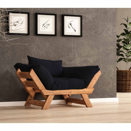 Fauteuil de jardin en bois de pin et lin teck et noir - L 108 à 140 × P 75 cm - Imperméable
