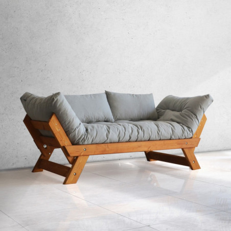 Canapé de jardin 2 places en bois de pin et lin teck et gris - L 180 à 210 × P 75 cm - Imperméable