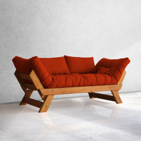 Canapé de jardin 2 places en bois de pin et lin teck et rouge - L 180 à 210 × P 75 cm - Imperméable