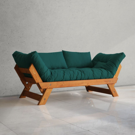 Canapé de jardin 2 places en bois de pin et lin teck et vert pétrole - L 180 à 210 × P 75 cm - Imperméable
