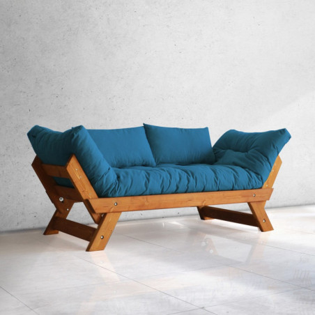 Canapé de jardin 2 places en bois de pin et lin teck et bleu - L 180 à 210 × P 75 cm - Imperméable