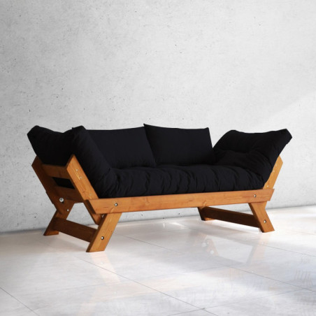 Canapé de jardin 2 places en bois de pin et lin teck et noir - L 180 à 210 × P 75 cm - Imperméable