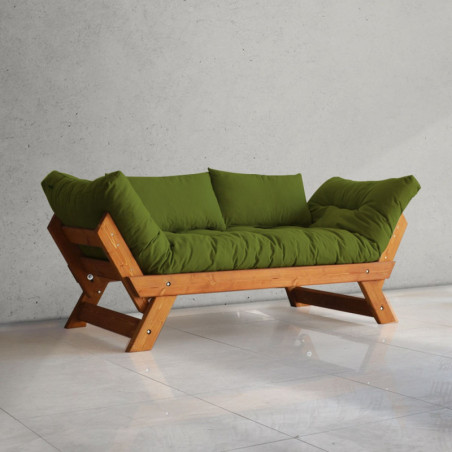 Canapé de jardin 2 places en bois de pin et lin teck et vert - L 180 à 210 × P 75 cm - Imperméable