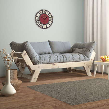 Canapé de jardin 2 places en bois de pin et lin naturel et gris - L 180 à 210 × P 75 cm - Imperméable