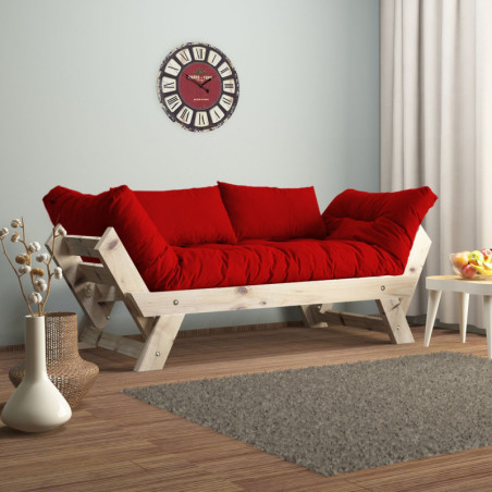 Canapé de jardin 2 places en bois de pin et lin naturel et rouge - L 180 à 210 × P 75 cm - Imperméable