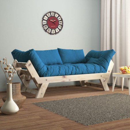 Canapé de jardin 2 places en bois de pin et lin naturel et bleu - L 180 à 210 × P 75 cm - Imperméable