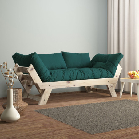 Canapé de jardin 2 places en bois de pin et lin naturel et vert pétrole - L 180 à 210 × P 75 cm - Imperméable