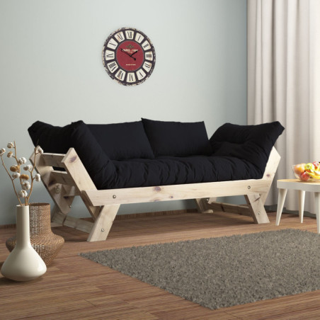 Canapé de jardin 2 places en bois de pin et lin naturel et noir - L 180 à 210 × P 75 cm - Imperméable