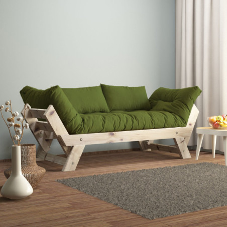 Canapé de jardin 2 places en bois de pin et lin naturel et vert - L 180 à 210 × P 75 cm - Imperméable