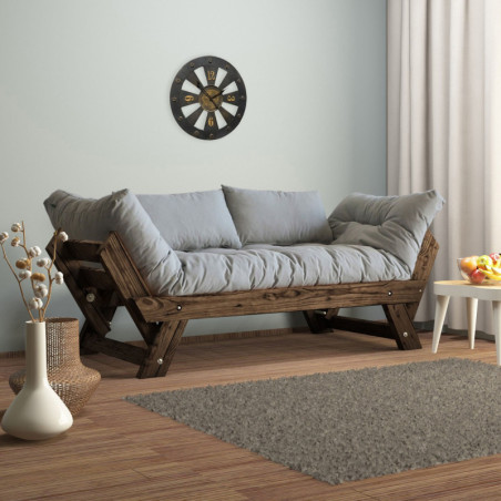 Canapé de jardin 2 places en bois de pin et lin noyer et gris - L 180 à 210 × P 75 cm - Imperméable
