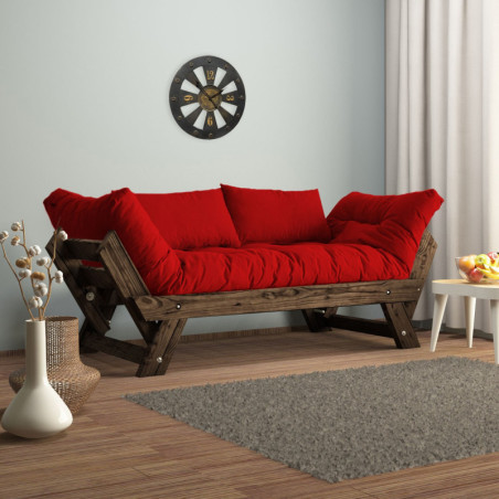 Canapé de jardin 2 places en bois de pin et lin noyer et rouge - L 180 à 210 × P 75 cm - Imperméable