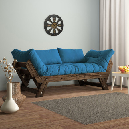 Canapé de jardin 2 places en bois de pin et lin noyer et bleu - L 180 à 210 × P 75 cm - Imperméable