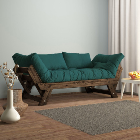 Canapé de jardin 2 places en bois de pin et lin noyer et vert pétrole - L 180 à 210 × P 75 cm - Imperméable