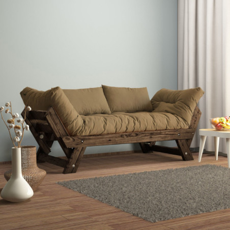 Canapé de jardin 2 places en bois de pin et lin noyer et camel - L 180 à 210 × P 75 cm - Imperméable