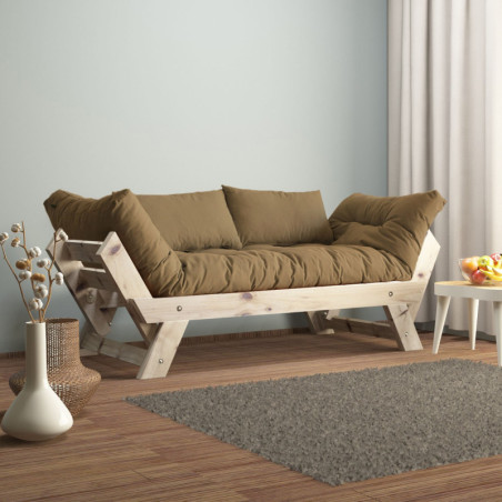 Canapé de jardin 2 places en bois de pin et lin naturel et camel - L 180 à 210 × P 75 cm - Imperméable