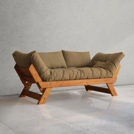 Canapé de jardin 2 places en bois de pin et lin teck et camel - L 180 à 210 × P 75 cm - Imperméable