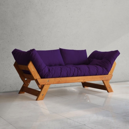 Canapé de jardin 2 places en bois de pin et lin teck et violet - L 180 à 210 × P 75 cm - Imperméable
