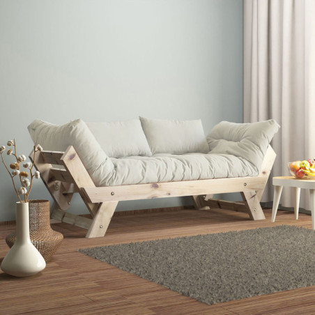 Canapé de jardin 2 places en bois de pin et lin naturel et blanc - L 180 à 210 × P 75 cm - Imperméable